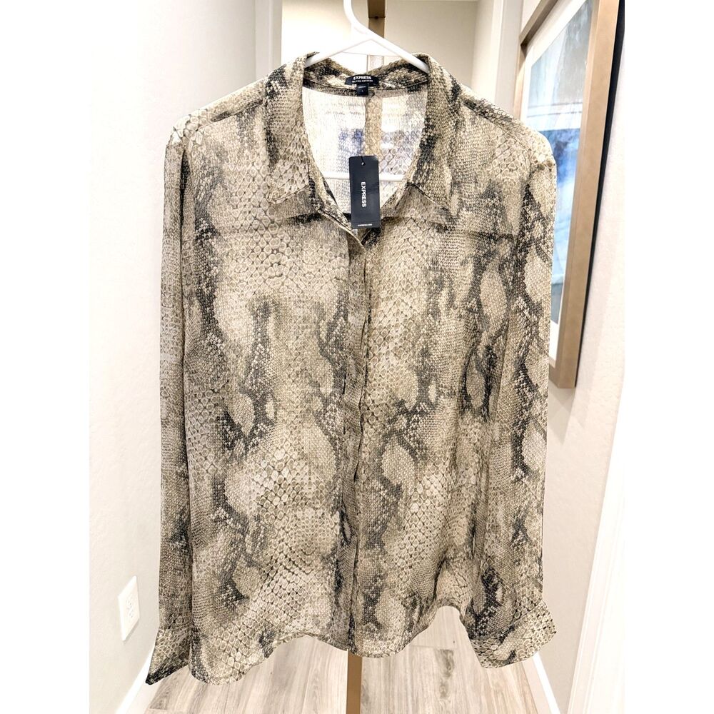 Express Portofino Snakeskin Print Sheer Button Down Blouse Size L NWT